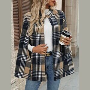 Tan & Navy Plaid Cape Coat with Stand Collar